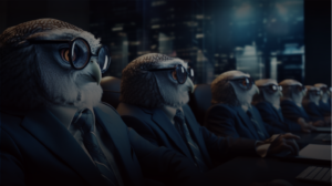 Owls wearing glasses reviewing the Meta Q1 2023-adversarial threat report.